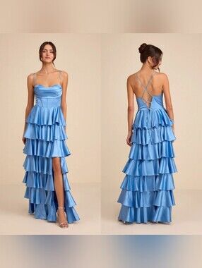 Lulus Arletta Light Blue Satin Bustier Tiered Maxi Dress XL Wedding Party Formal